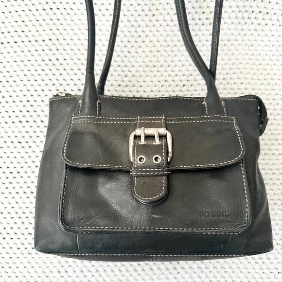 Fossil Vintage Y2K Black Faux Leather Boxy Front Flap Buckle Pocket Shoulder Bag - Picture 5 of 10